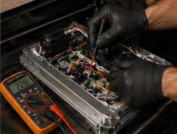 Tecnico che controlla un frigorifero con strumenti professionali