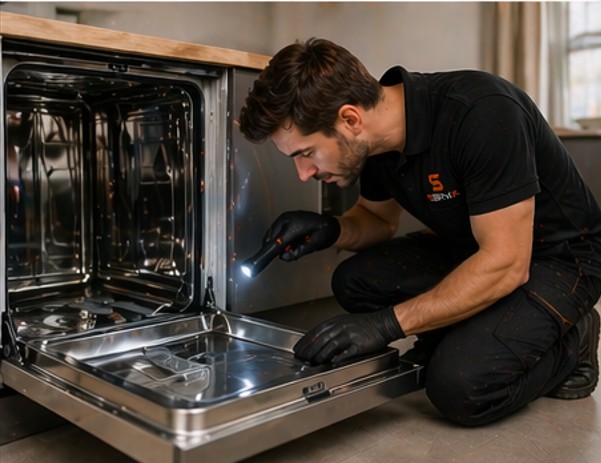 Tecnico che controlla un frigorifero con strumenti professionali