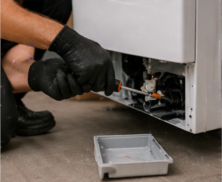 Tecnico che controlla un frigorifero con strumenti professionali